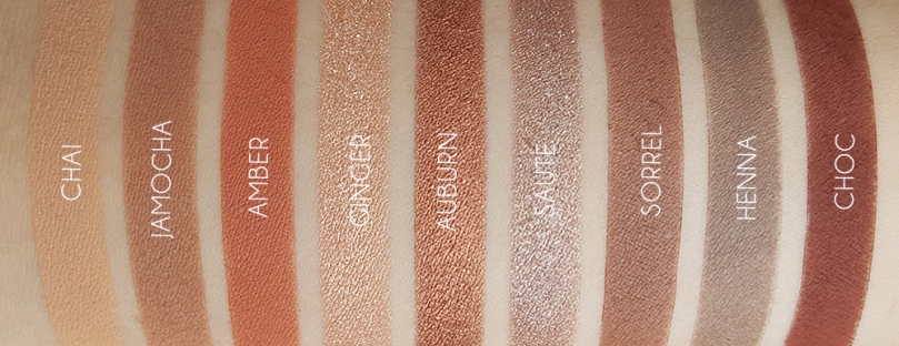 Close up swatches of the ColourPop Brown Sugar palette with shade names